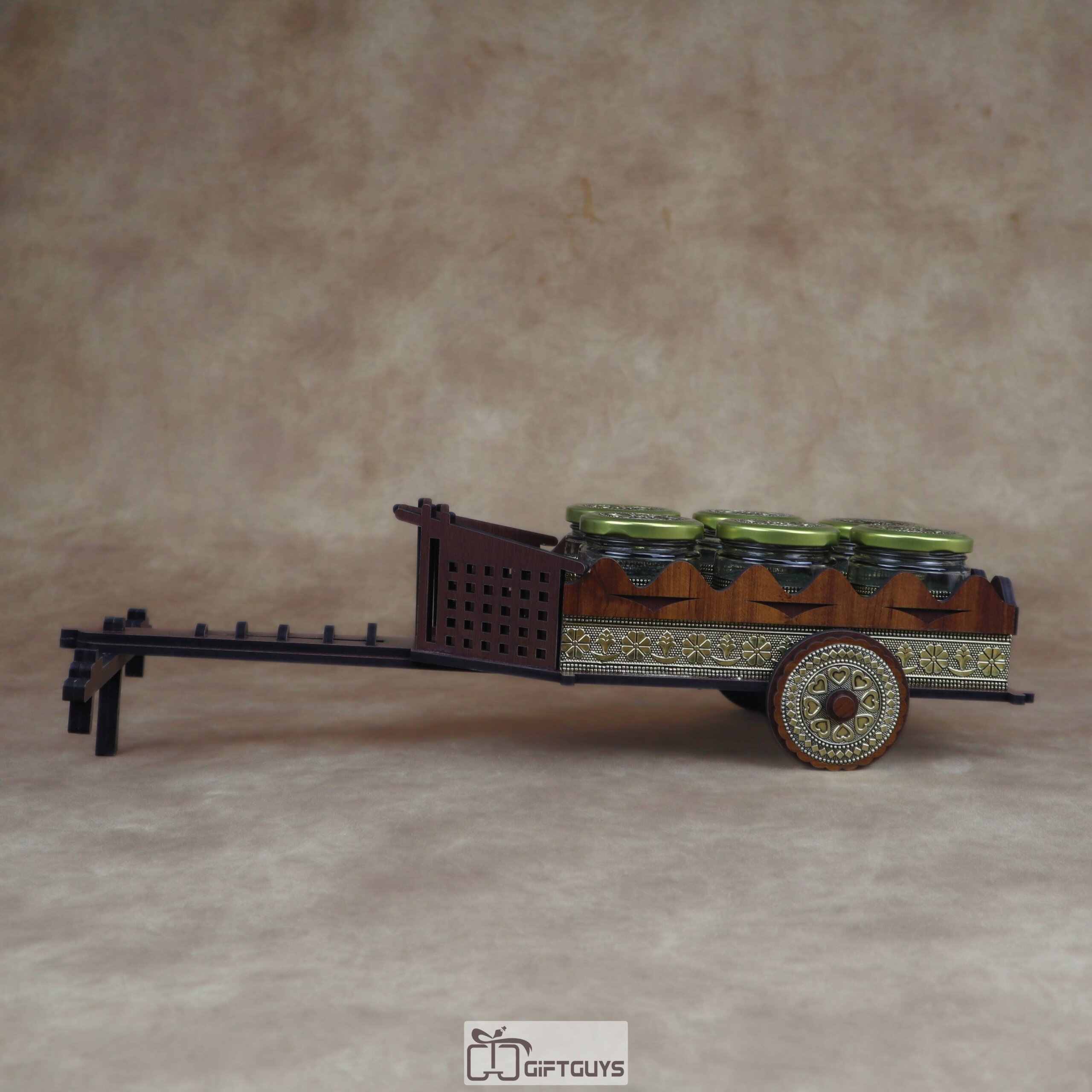 Traditional Wooden Cart Dry Fruit/Spice Serving Set with 6 Designer Glass Jars | Decorative Table Showpiece Gift - Image 10