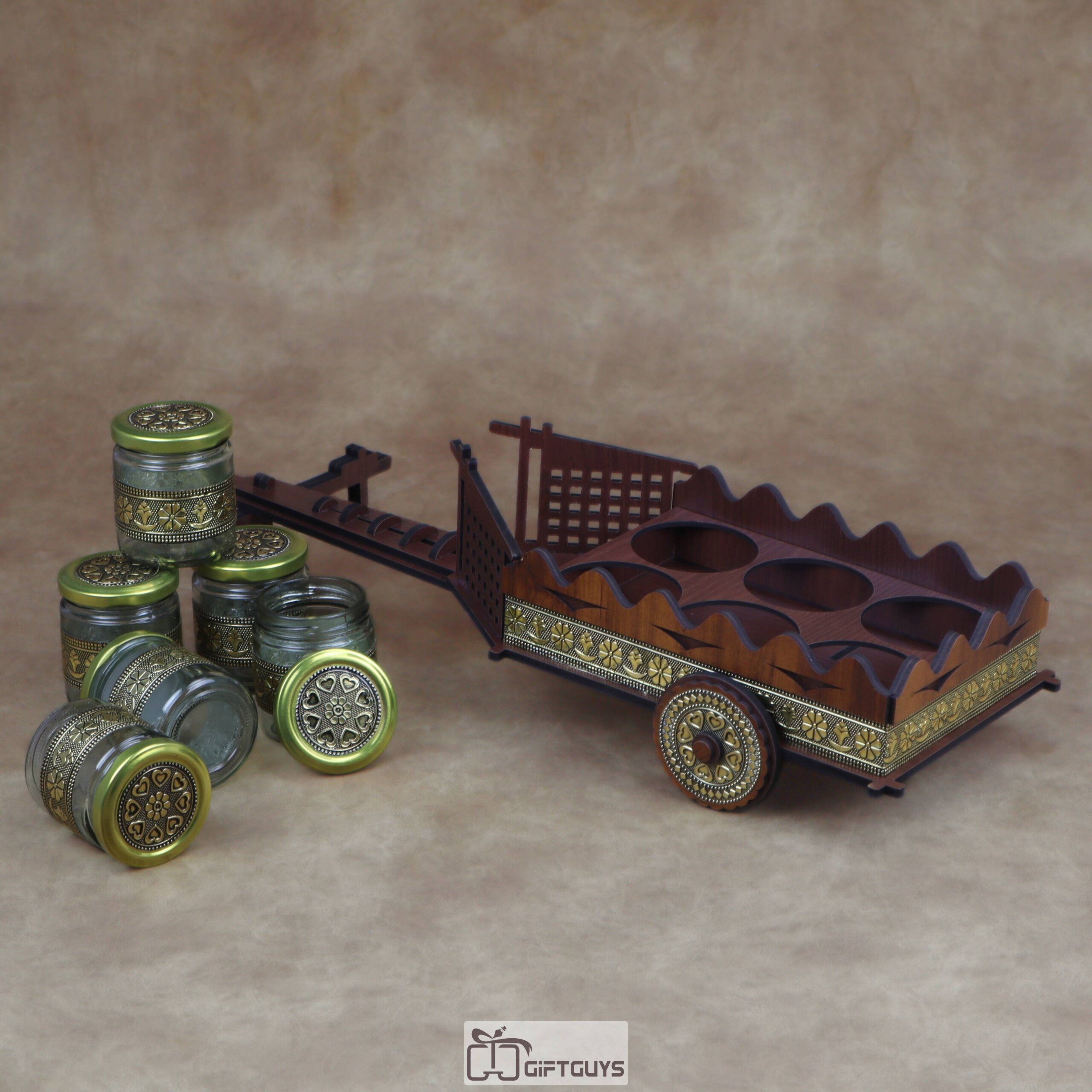 Traditional Wooden Cart Dry Fruit/Spice Serving Set with 6 Designer Glass Jars | Decorative Table Showpiece Gift - Image 11