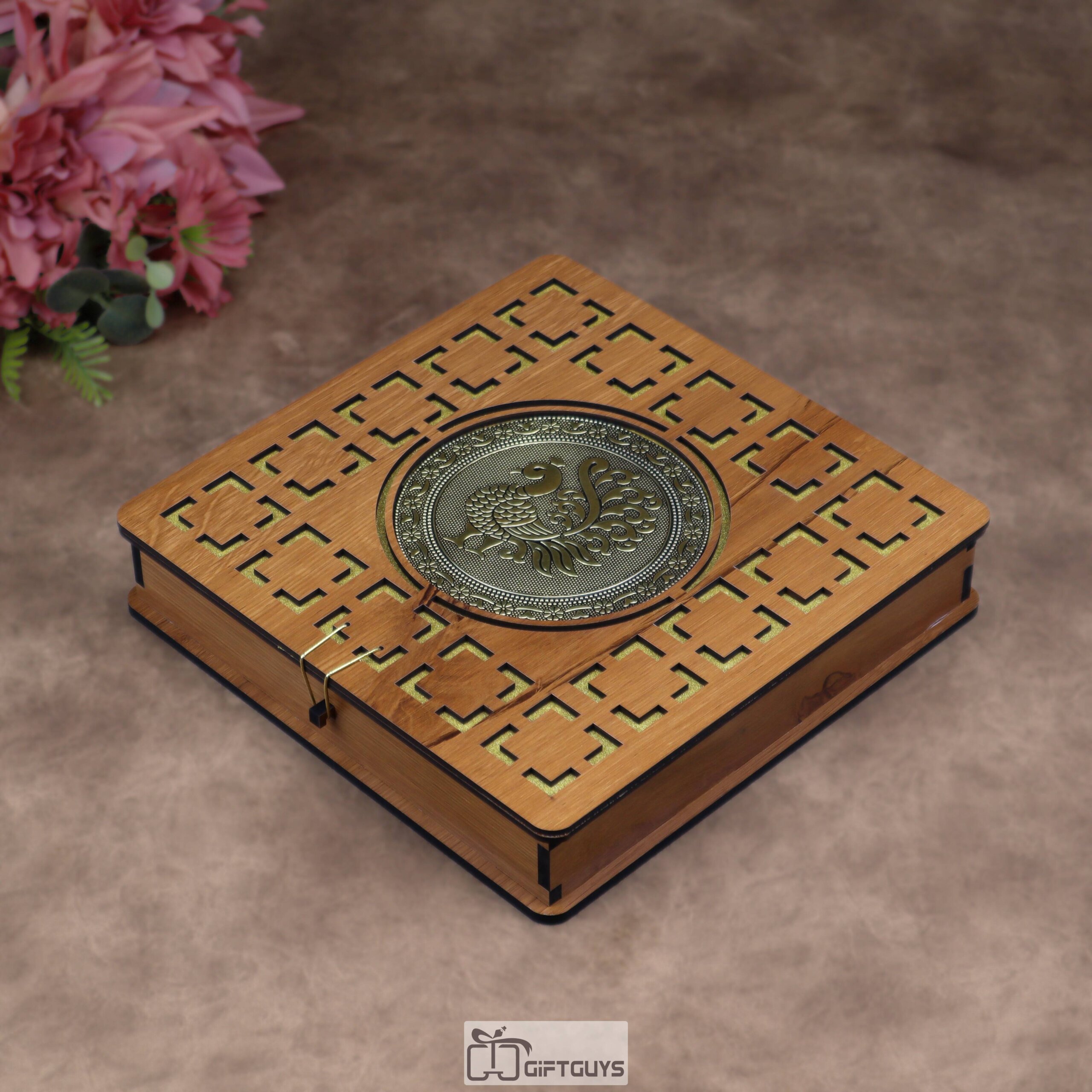 Wooden Peacock Dry Fruit Box – 10X10 inch | 4 Compartments Decorative Gift Box