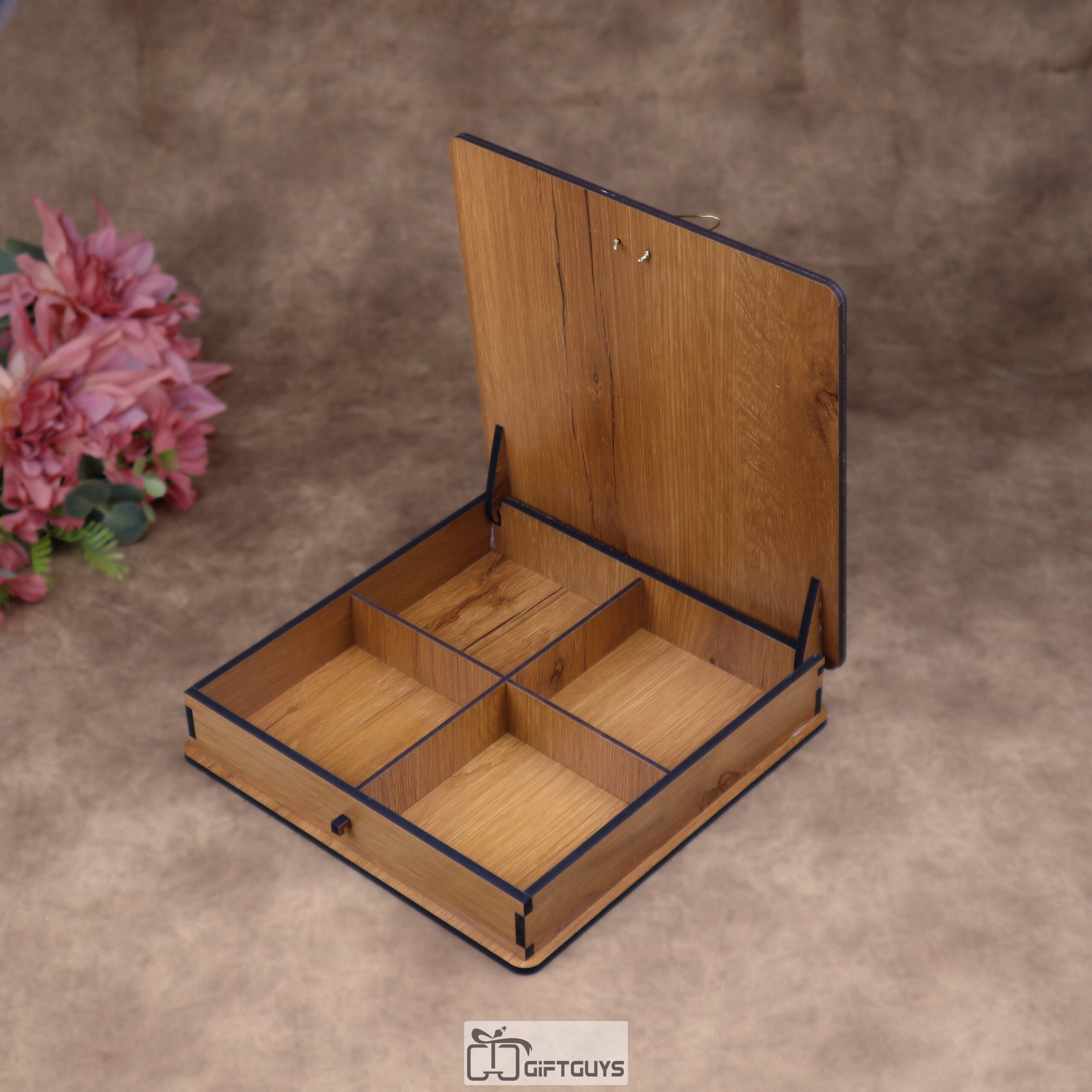 Premium Wooden Dryfruit Box with Ganesh Metal Art – 4 Compartment (10×10 inch) - Image 3