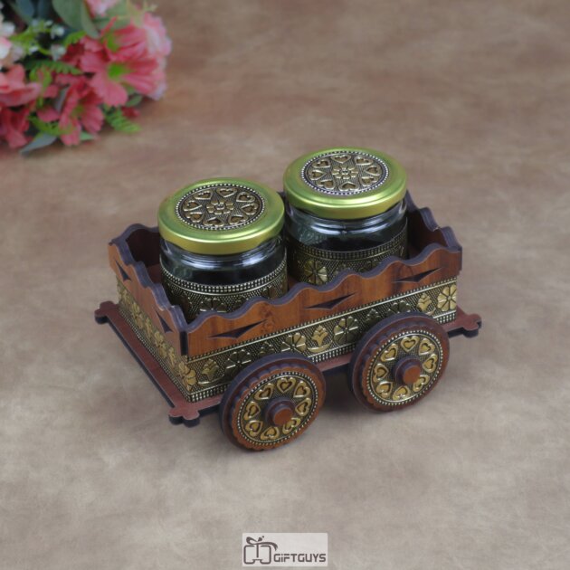 Wooden Oxidised Cart Dry Fruit/Spice Serving Set With Antique Oxidised Glass Jars | Festive Kitchen Decor Gift ( Set of 2 Jars )