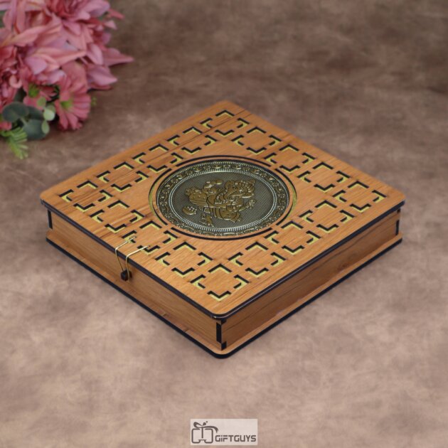 Premium Wooden Dryfruit Box with Ganesh Metal Art – 4 Compartment (10×10 inch)