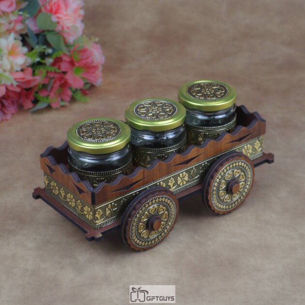 Wooden Oxidised Cart Dry Fruit/Spice Serving Set With Antique Oxidised Glass Jars | Festive Kitchen Decor Gift ( Set of 3 Jars )