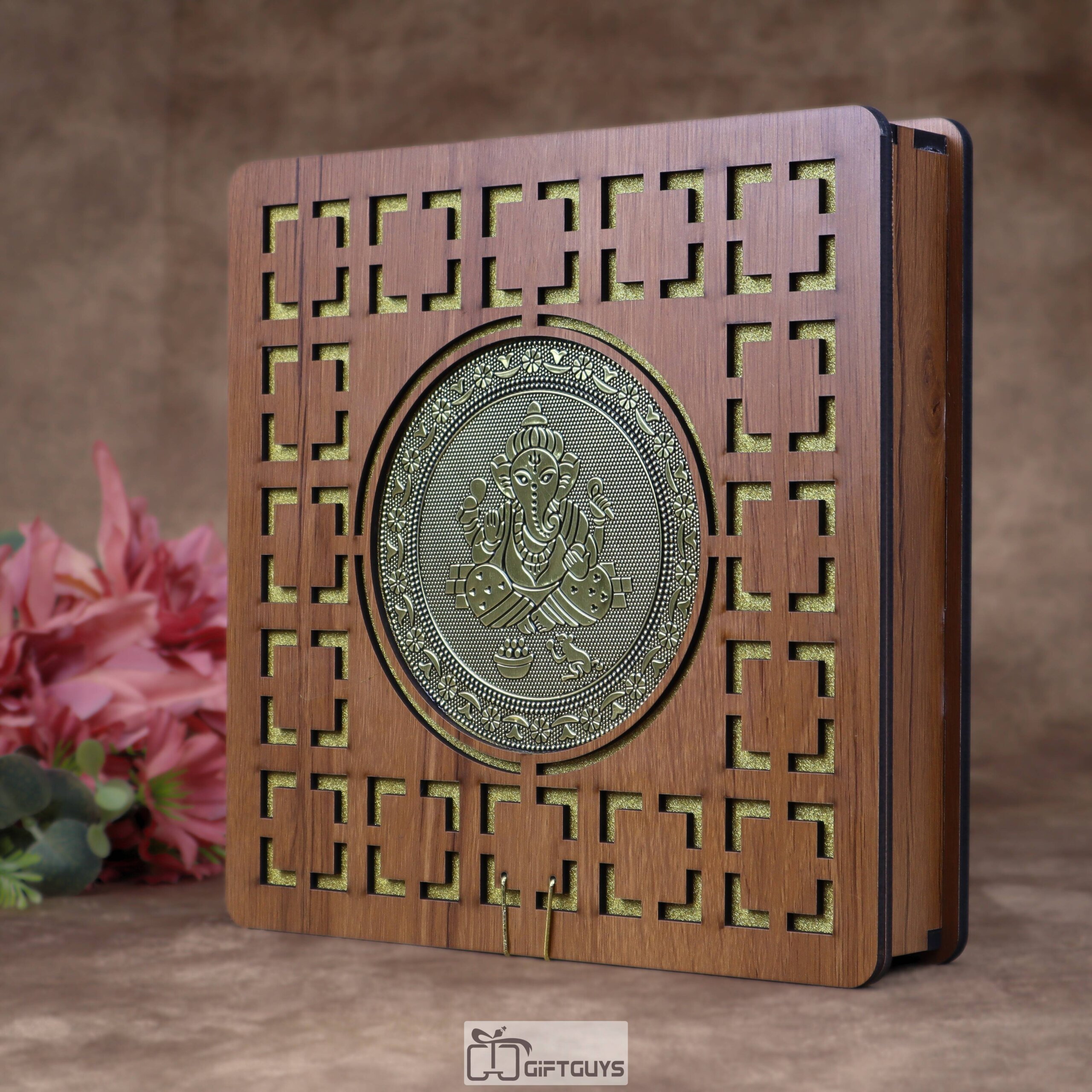 Premium Wooden Dryfruit Box with Ganesh Metal Art – 4 Compartment (10×10 inch) - Image 4