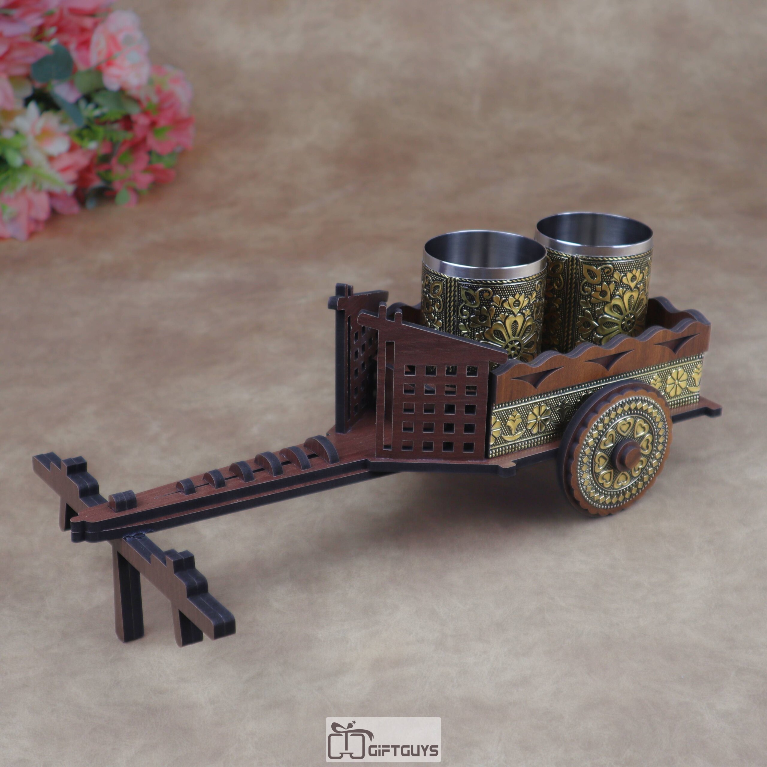 Mini Wooden Bullock Cart Serving Set with 2 Designer Stainless Steel Glass | Ethnic Barware Gift - Image 7