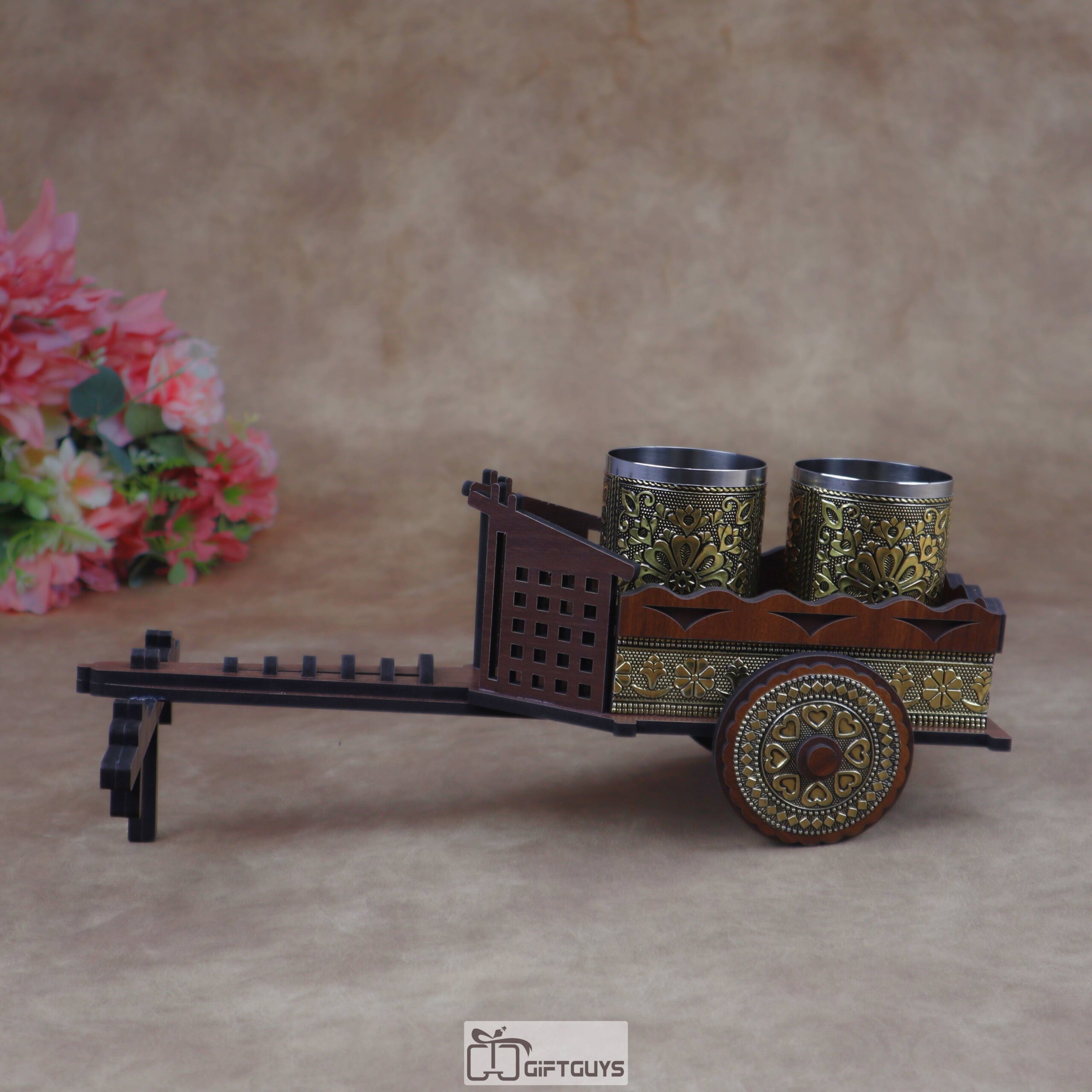 Mini Wooden Bullock Cart Serving Set with 2 Designer Stainless Steel Glass | Ethnic Barware Gift - Image 9