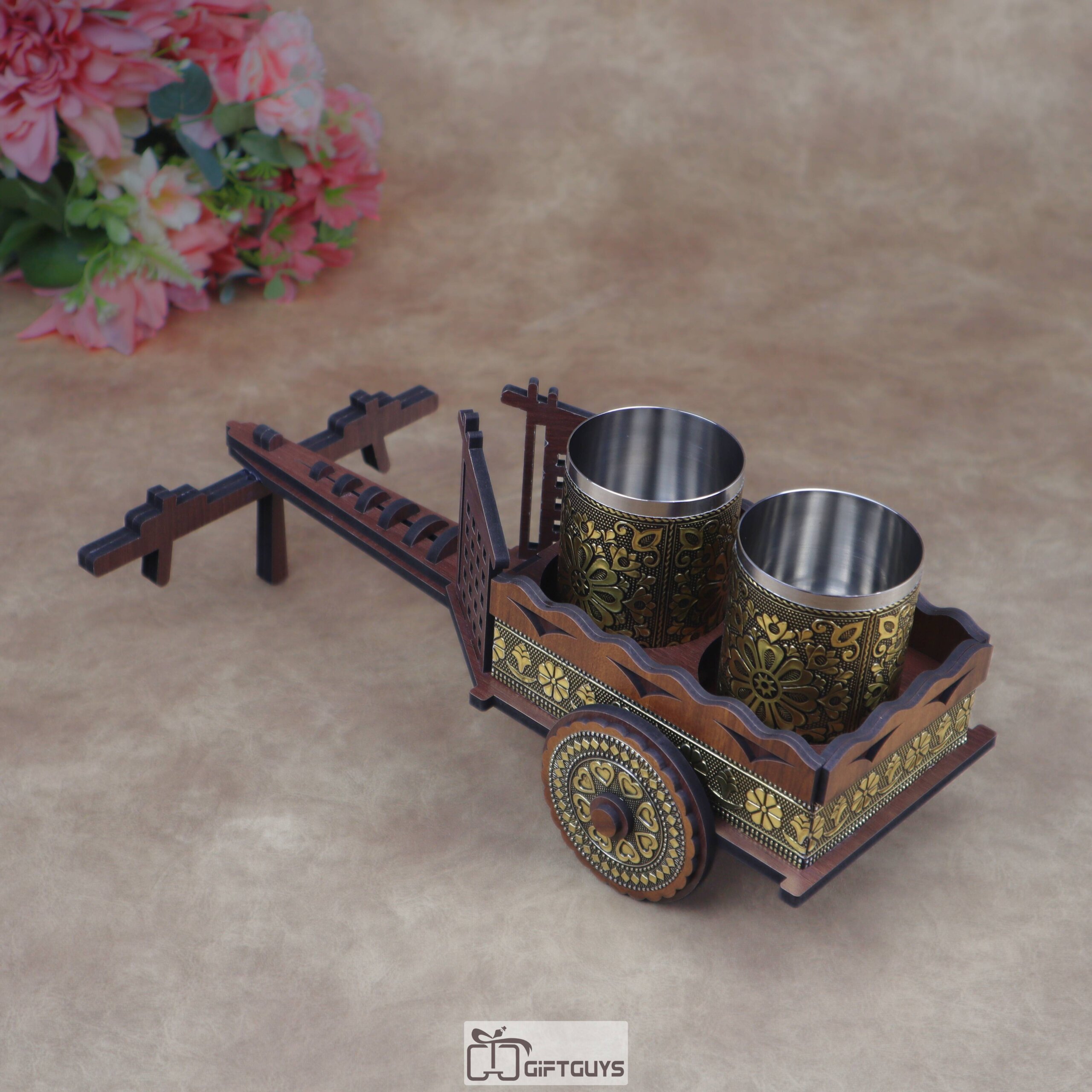 Mini Wooden Bullock Cart Serving Set with 2 Designer Stainless Steel Glass | Ethnic Barware Gift - Image 11