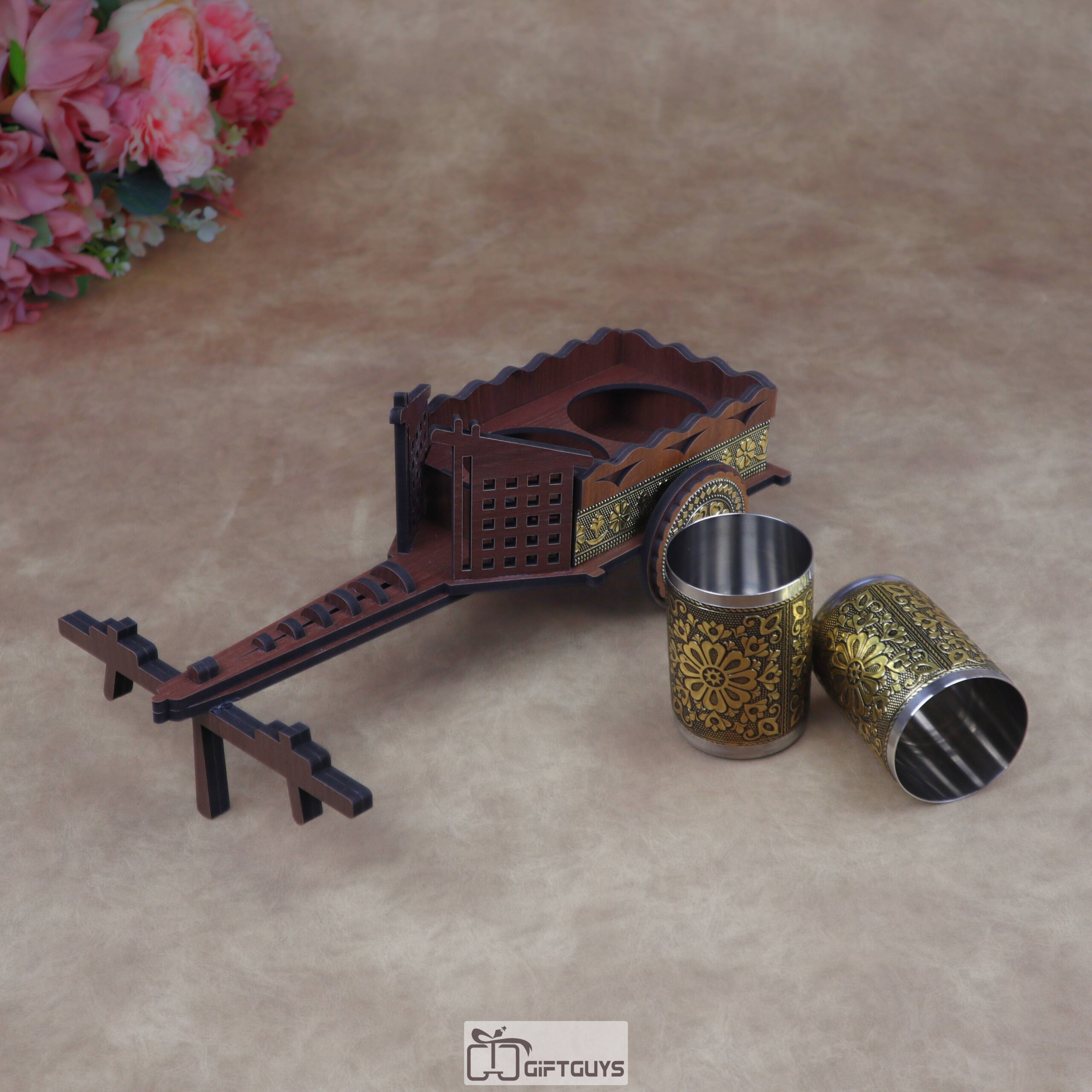 Mini Wooden Bullock Cart Serving Set with 2 Designer Stainless Steel Glass | Ethnic Barware Gift - Image 8
