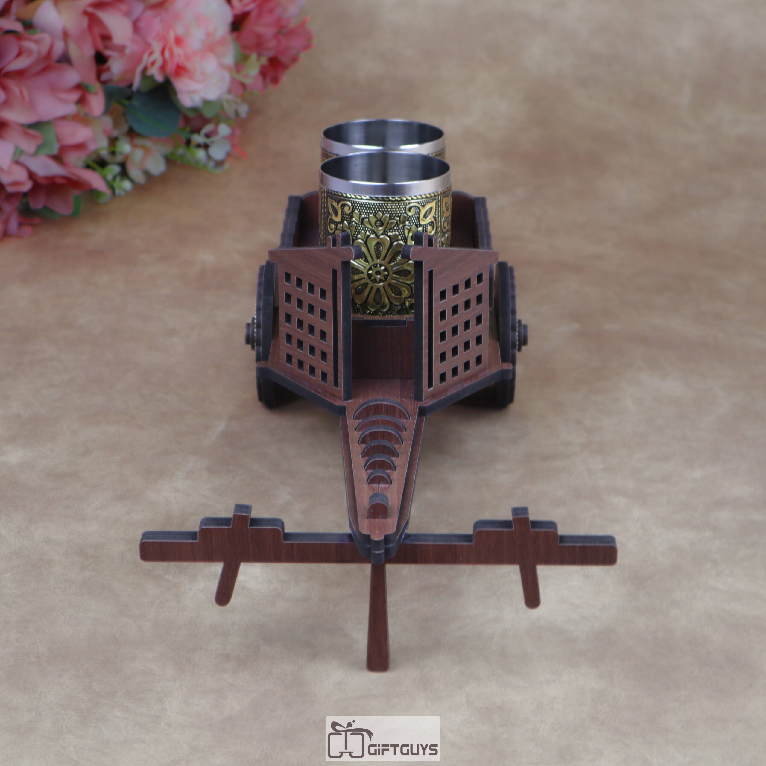 Mini Wooden Bullock Cart Serving Set with 2 Designer Stainless Steel Glass | Ethnic Barware Gift - Image 10