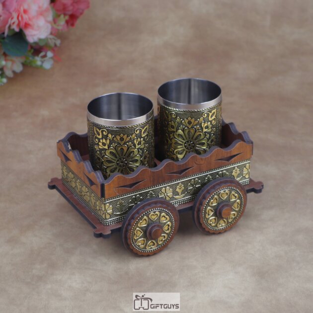 Oxidized Antique Wooden Bullock Cart Serving Tray with Golden Oxidised Steel Glasses | Vintage Ethnic Barware Gift ( Set of 2 Glass )