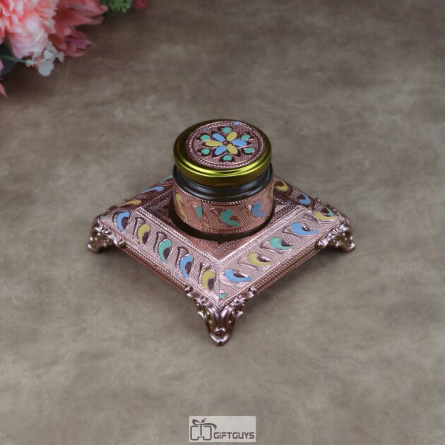 Traditional Wooden Meenakari & Oxidised Square Serving Tray with 1 Glass Jar | Small Decorative Dry Fruit & Mukhwas Organizer Set | Luxury Festive Return Gift