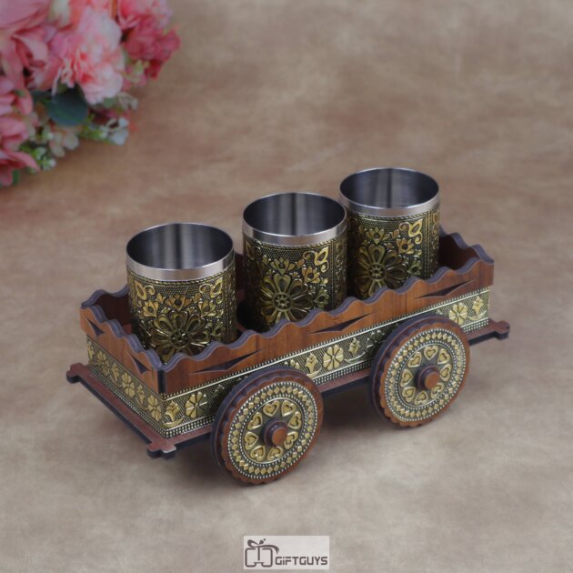 Oxidized Antique Wooden Bullock Cart Serving Tray with Golden Oxidised Steel Glasses | Vintage Ethnic Barware Gift ( Set of 3 Glass )