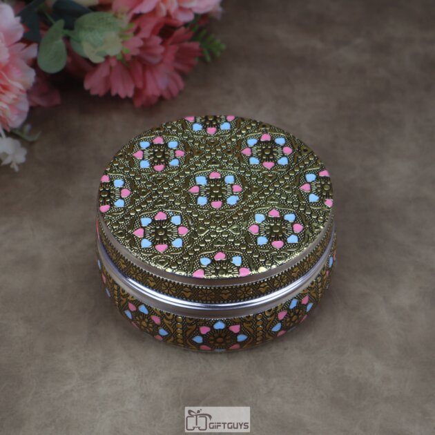 Round Meenakari Steel Storage Box | Indian Return Gift Dabba (4-Inch)