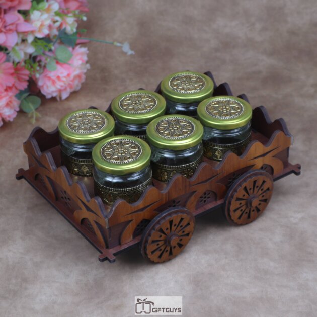 Traditional Wooden Cart Serving Tray With Oxidised Glass Jars for Dry Fruits & Condiments | Mid-Size Ethnic Gift ( Set Of 6 Jar )