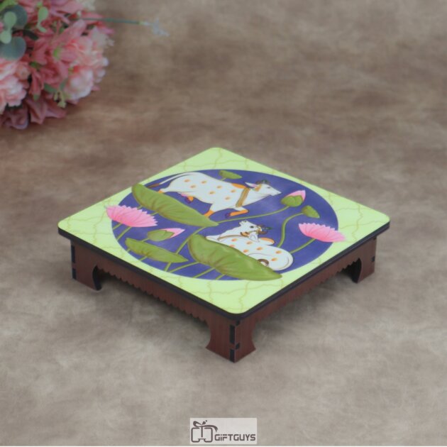 Wooden Printed Pichwai Cow & Lotus Chowki (Small) | Auspicious Decorative Puja Platform