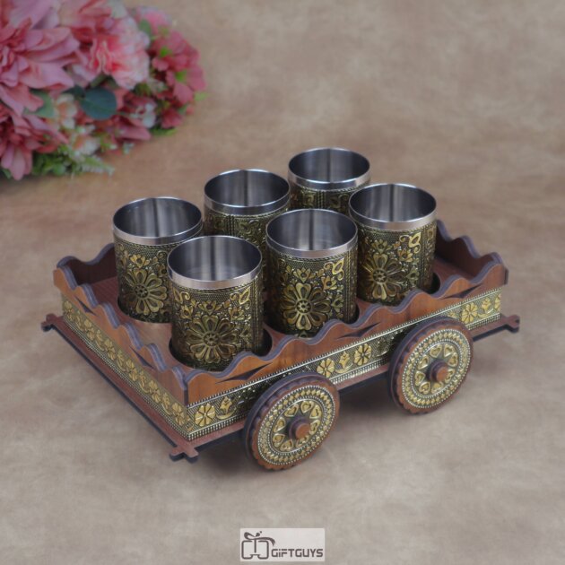 Oxidized Antique Wooden Bullock Cart Serving Tray with Golden Oxidised Steel Glasses | Vintage Ethnic Barware Gift ( Set of 6 Glass )