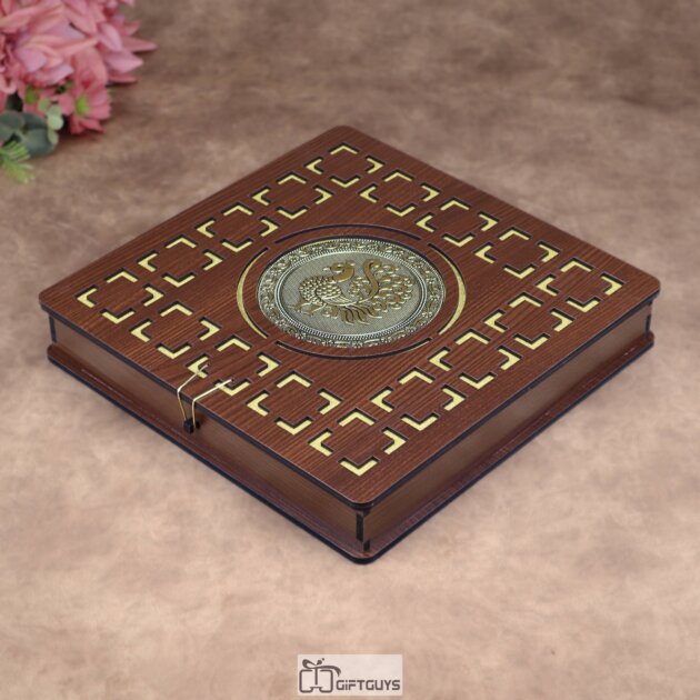 Wooden Peacock Dry Fruit Box – 12X12 inch | 4 Compartments Decorative Gift Box