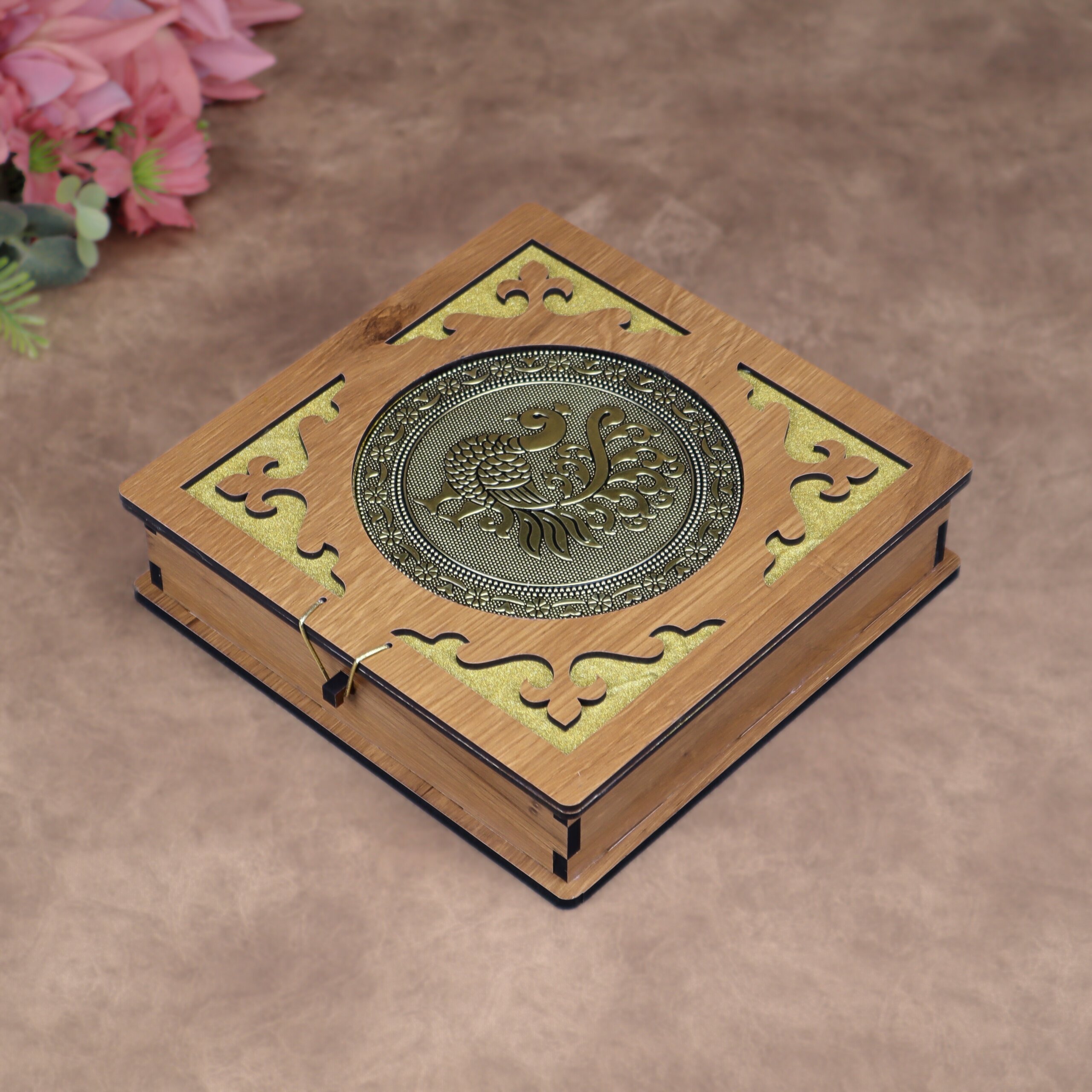 Wooden Peacock Dry Fruit Box – 8×8 inch | 4 Compartments Decorative Gift Box