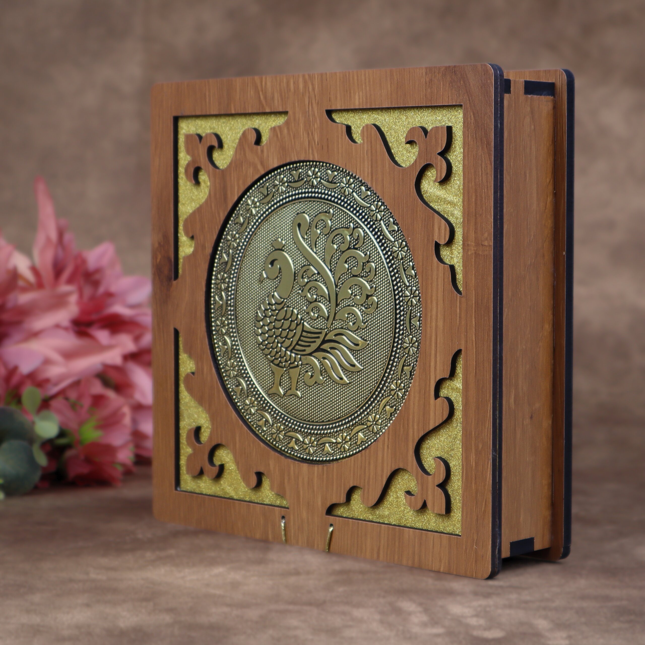 Wooden Peacock Dry Fruit Box – 8×8 inch | 4 Compartments Decorative Gift Box - Image 4