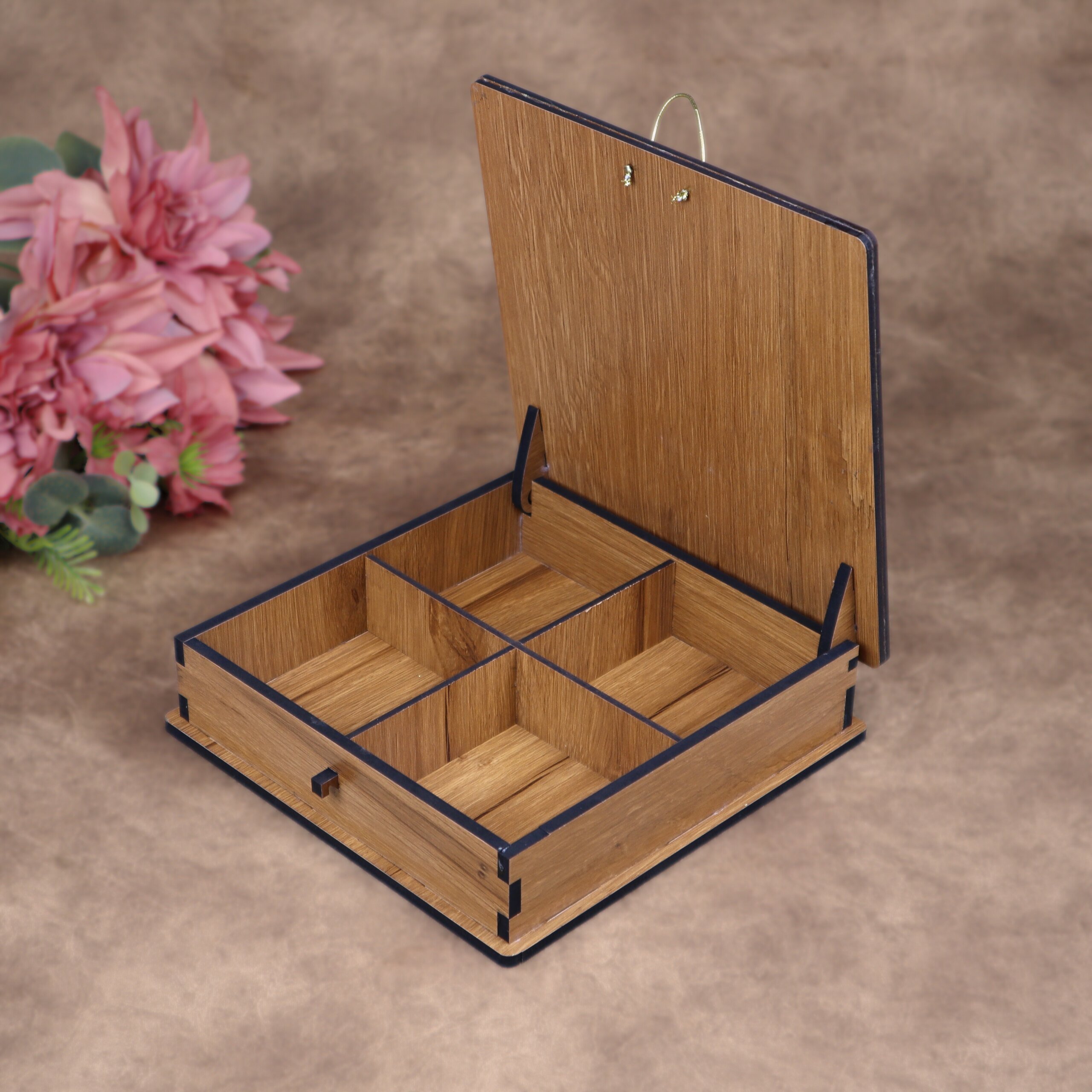 Wooden Peacock Dry Fruit Box – 8×8 inch | 4 Compartments Decorative Gift Box - Image 3