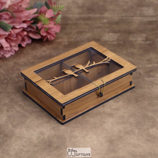 Wooden Organizer Box with Glass Lid – 8 x 6 Inch | Bird Design | 4 Compartment Storage