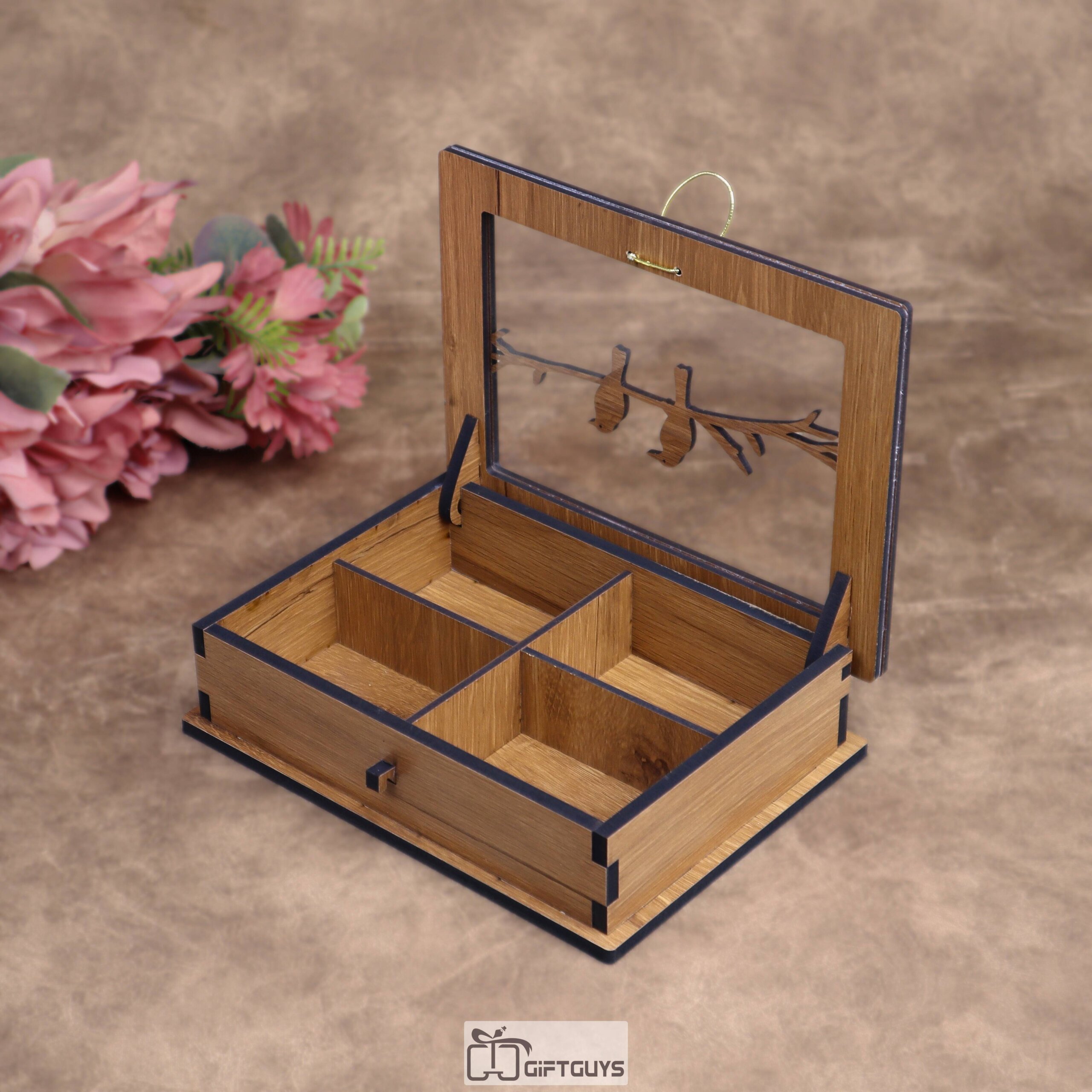 Wooden Organizer Box with Glass Lid – 8 x 6 Inch | Bird Design | 4 Compartment Storage - Image 2