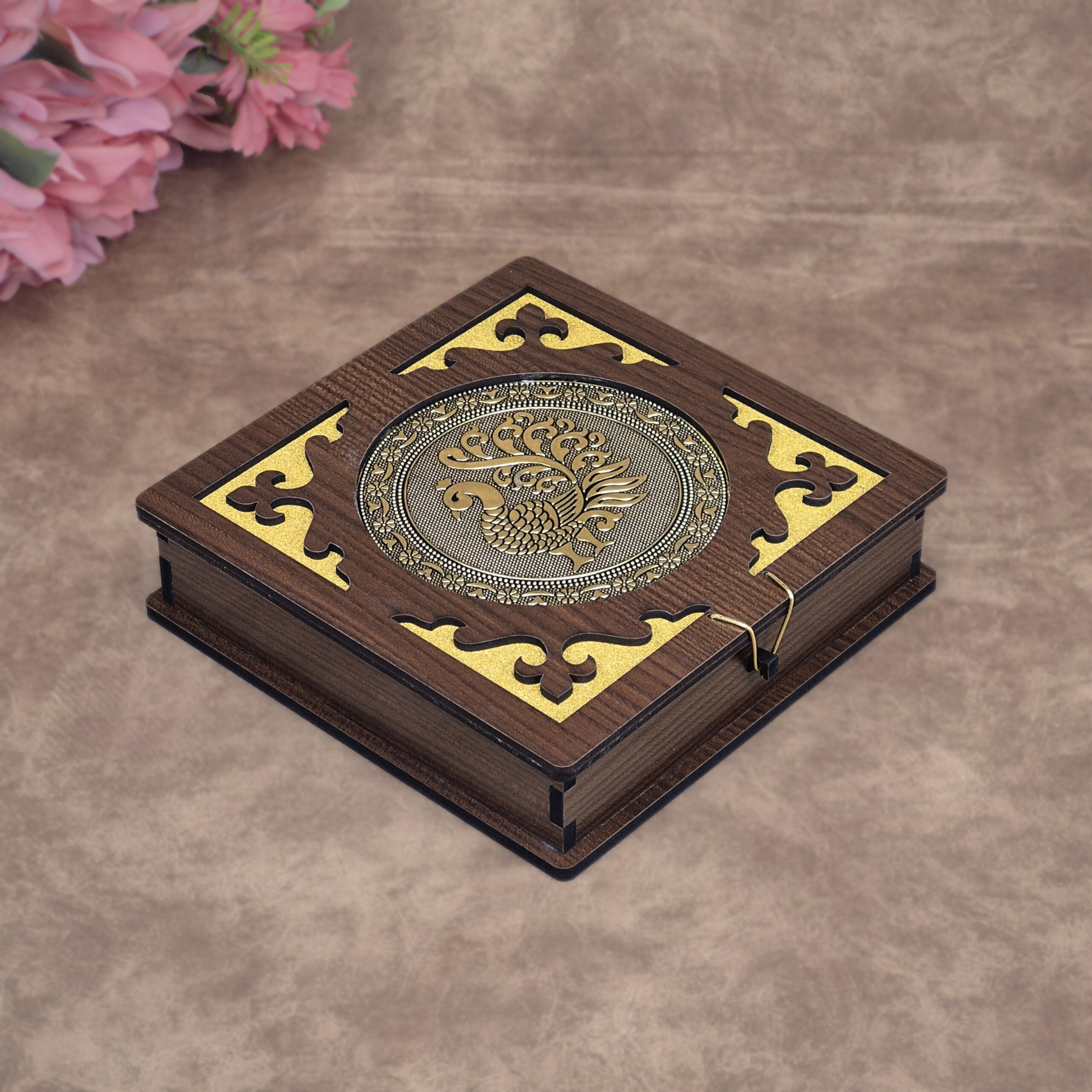 Wooden Peacock Dry Fruit Box – 8×8 inch | 4 Compartments Decorative Gift Box - Image 5