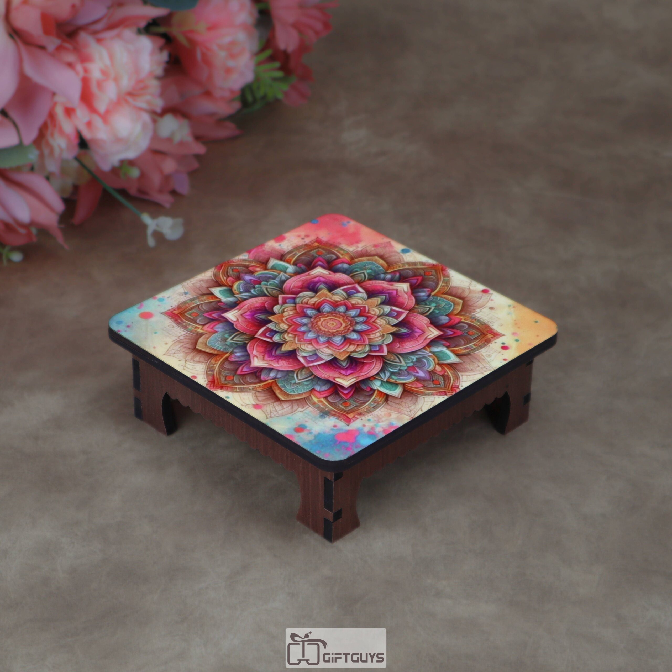 Wooden Printed Puja Chowki | Vibrant Floral Mandala Design Display Pedestal - Image 5