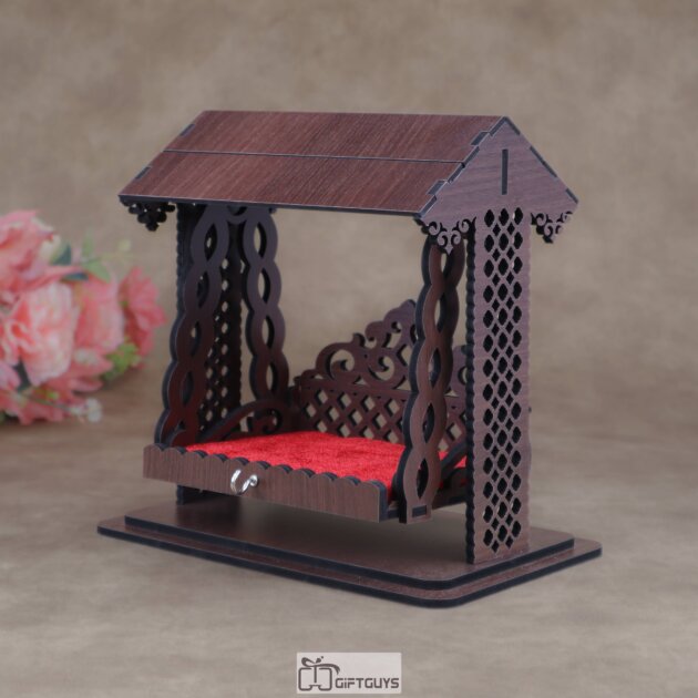Wooden Engraved Laddu Gopal Medium Size Jhula / Onjal | Miniature Devotional Swing for Krishna Idol | Janmashtami Decor Gift