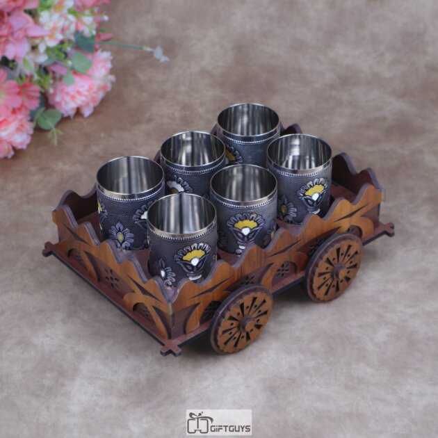 Traditional Wooden Cart Bar Serving Set with Hand-Painted Meenakari Steel Glasses ( Set of 6 Glass )