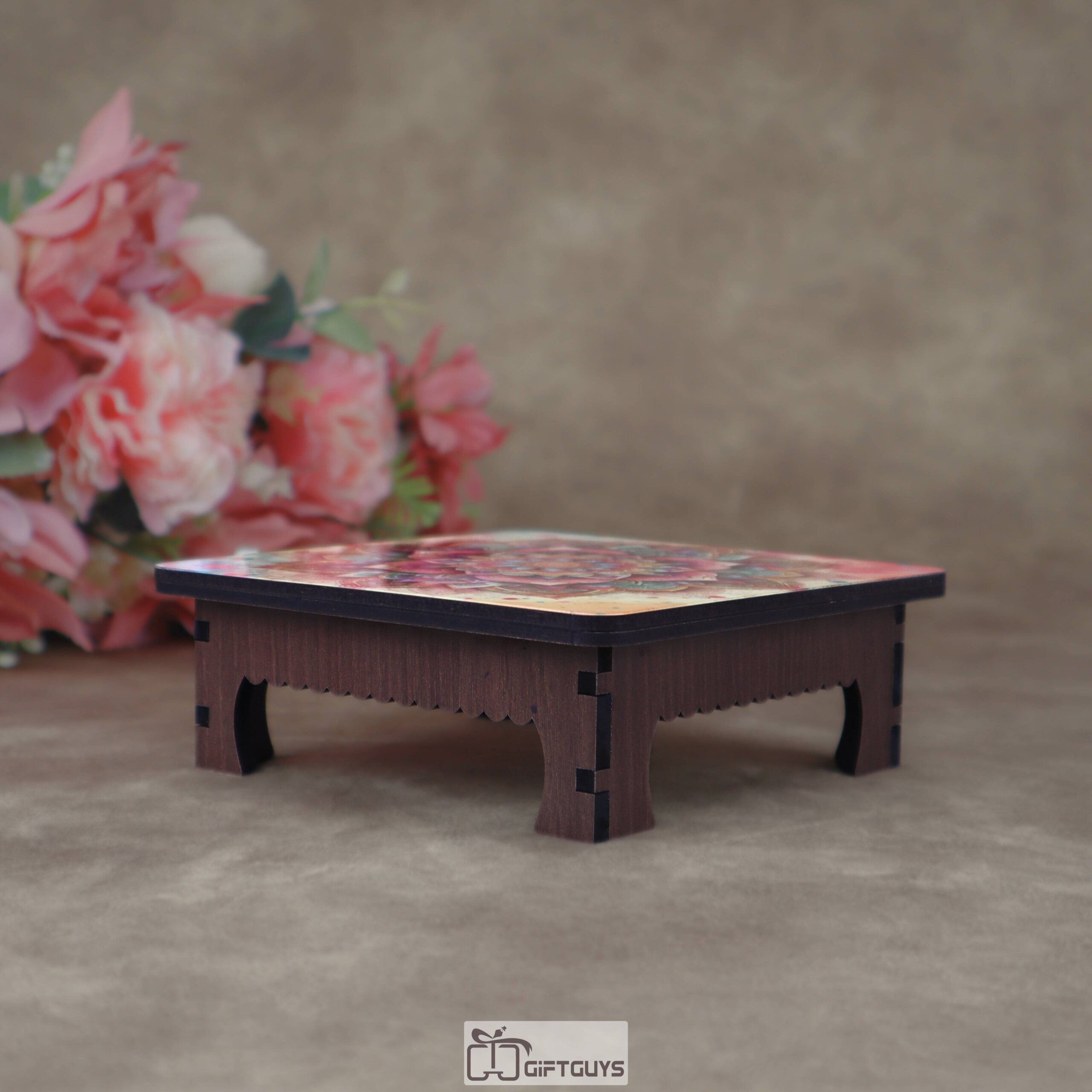 Wooden Printed Puja Chowki | Vibrant Floral Mandala Design Display Pedestal - Image 8