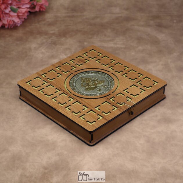 Premium Wooden Dryfruit Box with Ganesh Metal Art – 4 Compartment (12×12 inch)