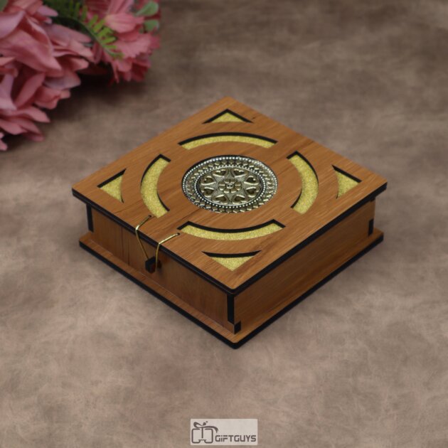 Wooden Dry Fruit Box with 4 Compartments | Decorative Chocolate & Gift Box – 6x6x2 Inch