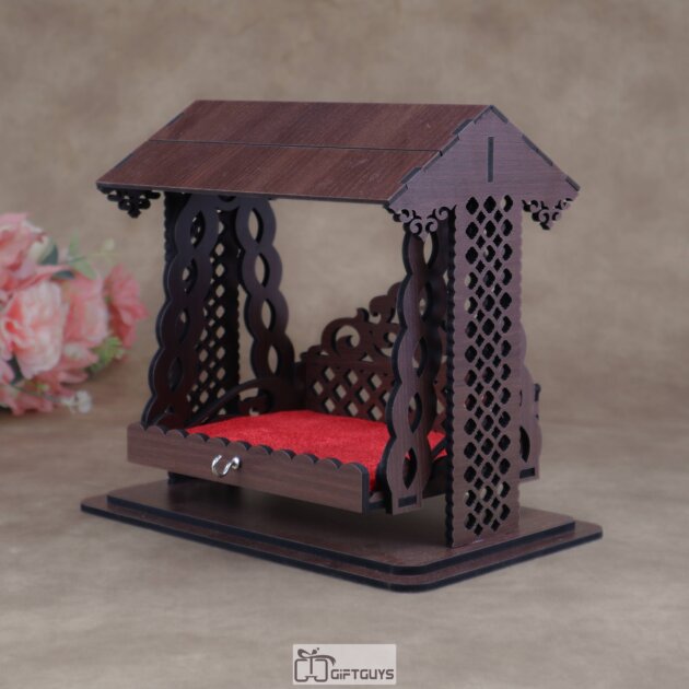 Wooden Engraved Laddu Gopal Jhula / Onjal | Miniature Devotional Swing for Krishna Idol | Janmashtami Decor Gift