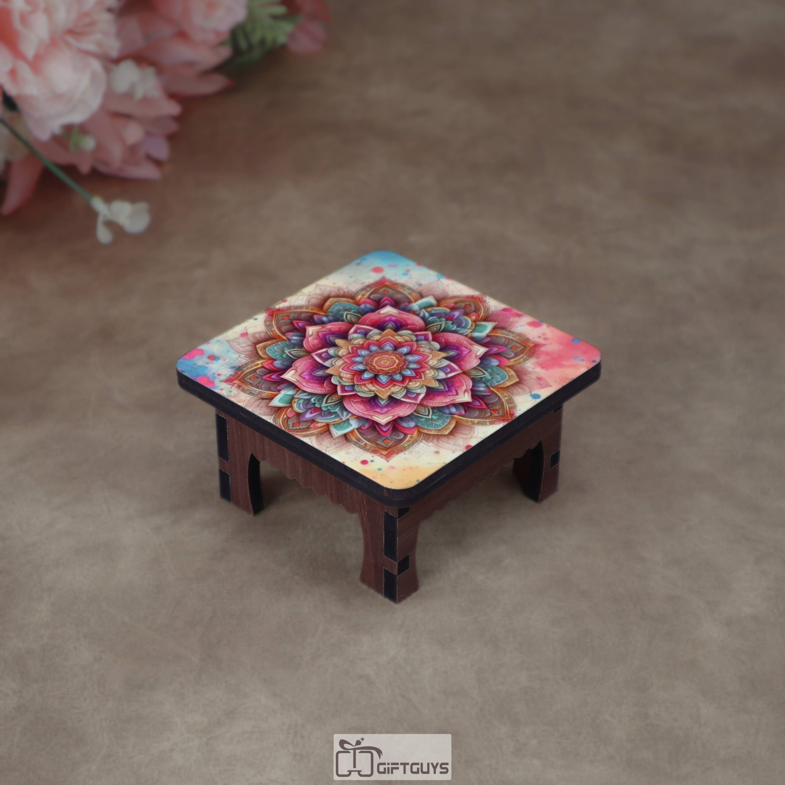 Wooden Printed Puja Chowki | Vibrant Floral Mandala Design Display Pedestal - Image 9