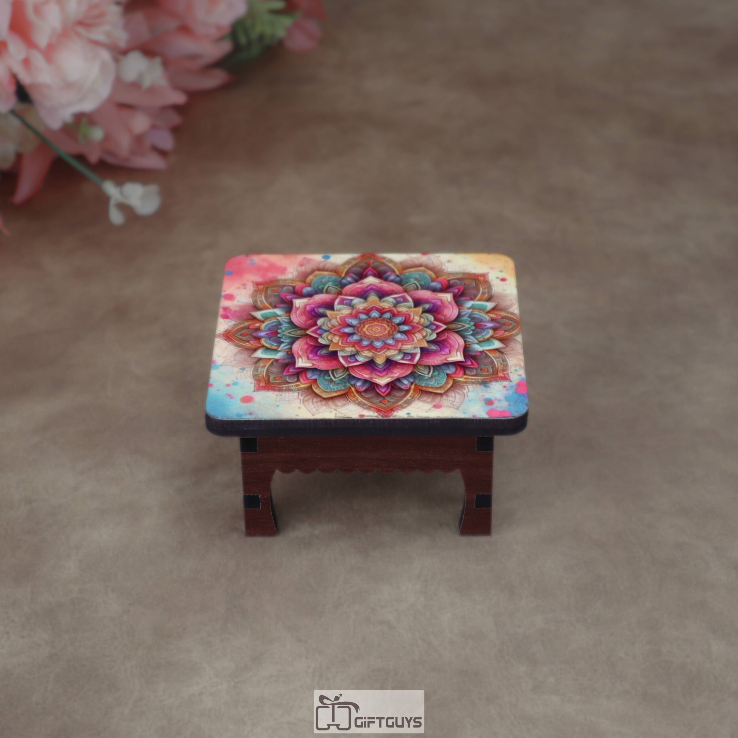 Wooden Printed Puja Chowki | Vibrant Floral Mandala Design Display Pedestal - Image 12