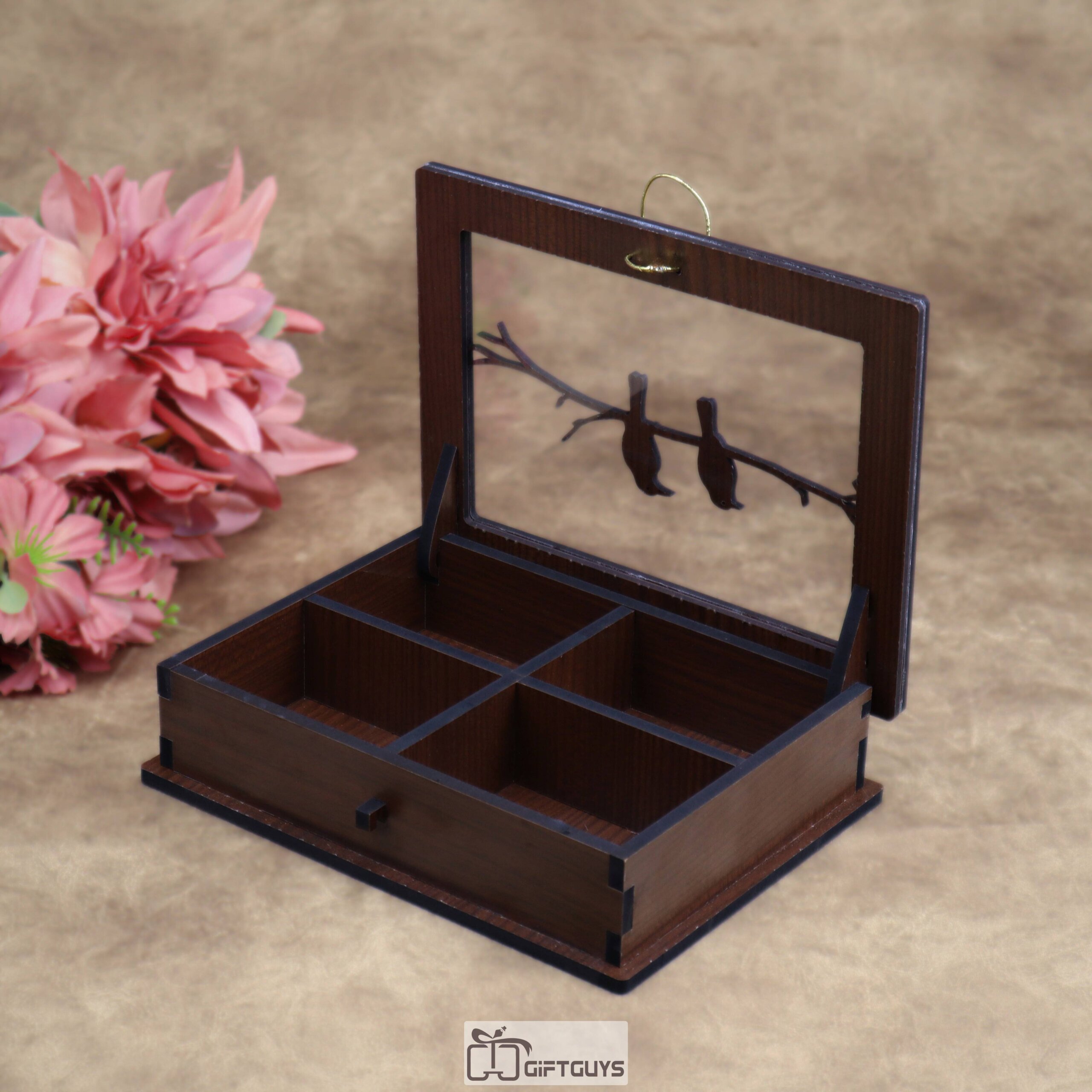 Wooden Organizer Box with Glass Lid – 8 x 6 Inch | Bird Design | 4 Compartment Storage - Image 6
