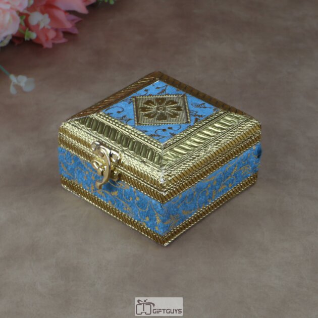 Handcrafted Wooden Dry Fruit & Jewelry Box - 4" Square Royal Blue Velvet Decorative Gift Box with Gold Embossed Metal Work