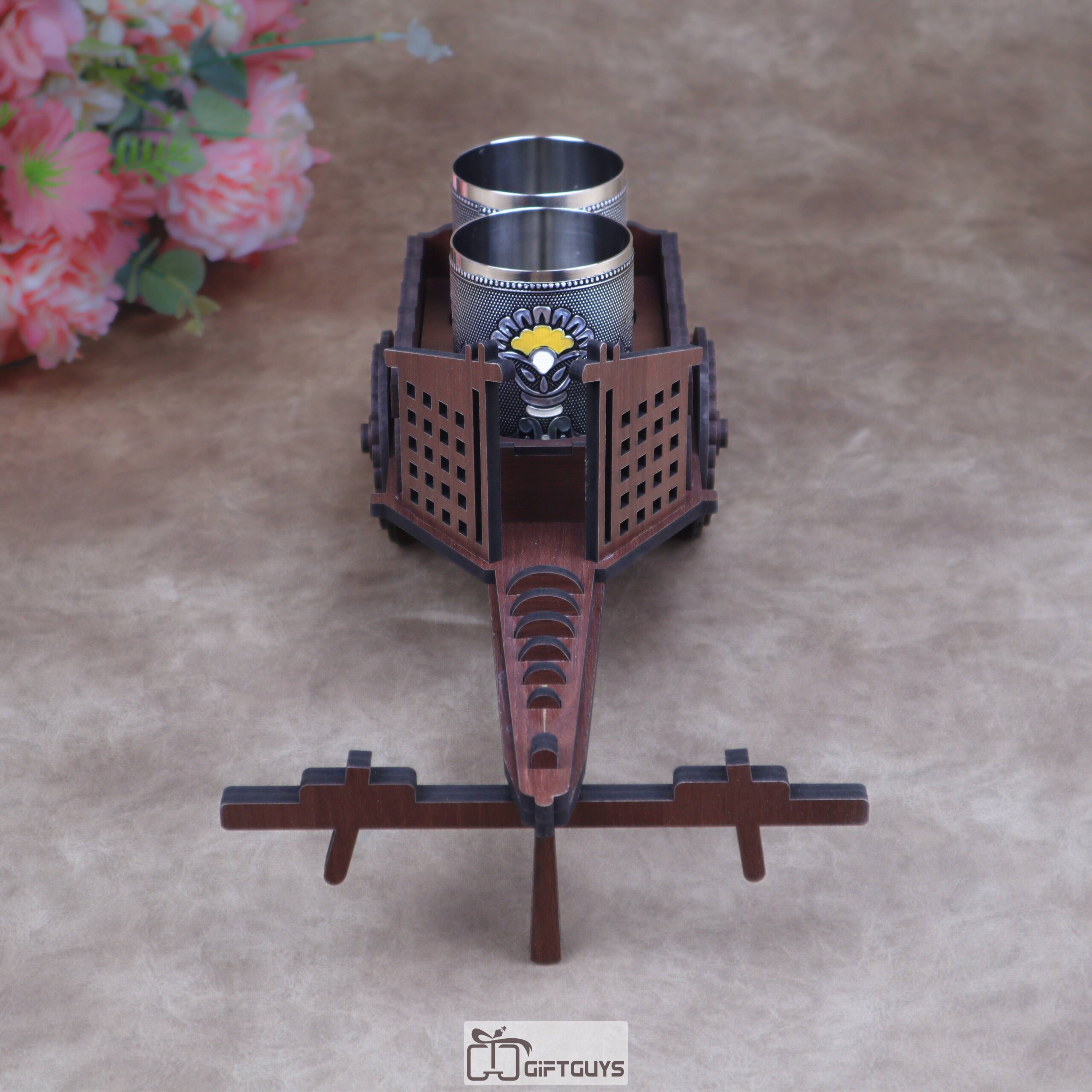 Mini Wooden Bullock Cart Serving Set with 2 Designer Stainless Steel Glass | Ethnic Barware Gift - Image 4