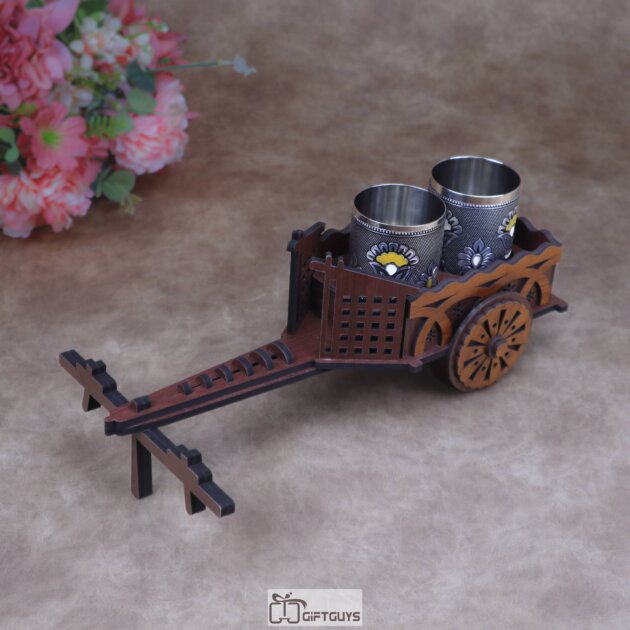 Mini Wooden Bullock Cart Serving Set with 2 Designer Stainless Steel Glass | Ethnic Barware Gift