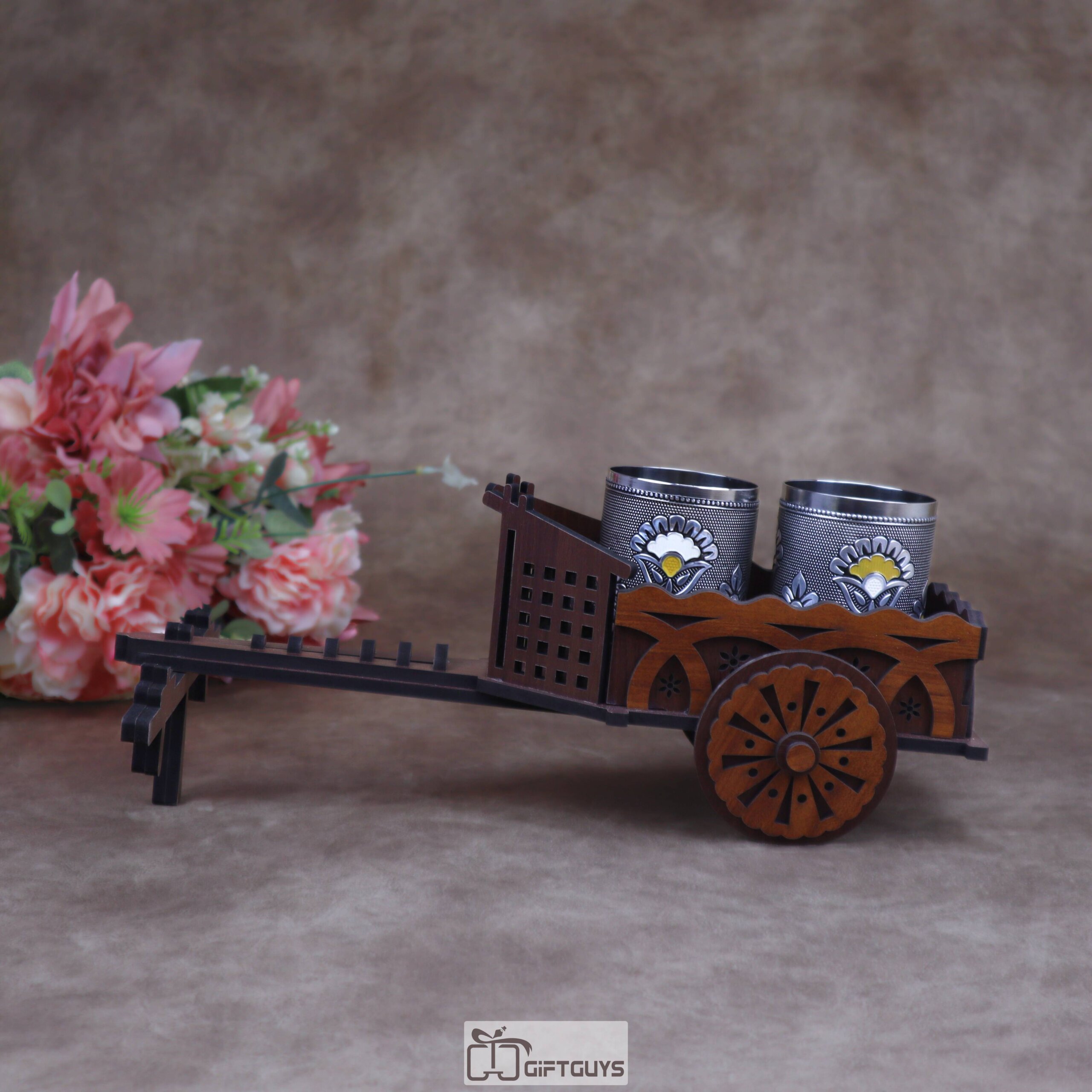 Mini Wooden Bullock Cart Serving Set with 2 Designer Stainless Steel Glass | Ethnic Barware Gift - Image 3
