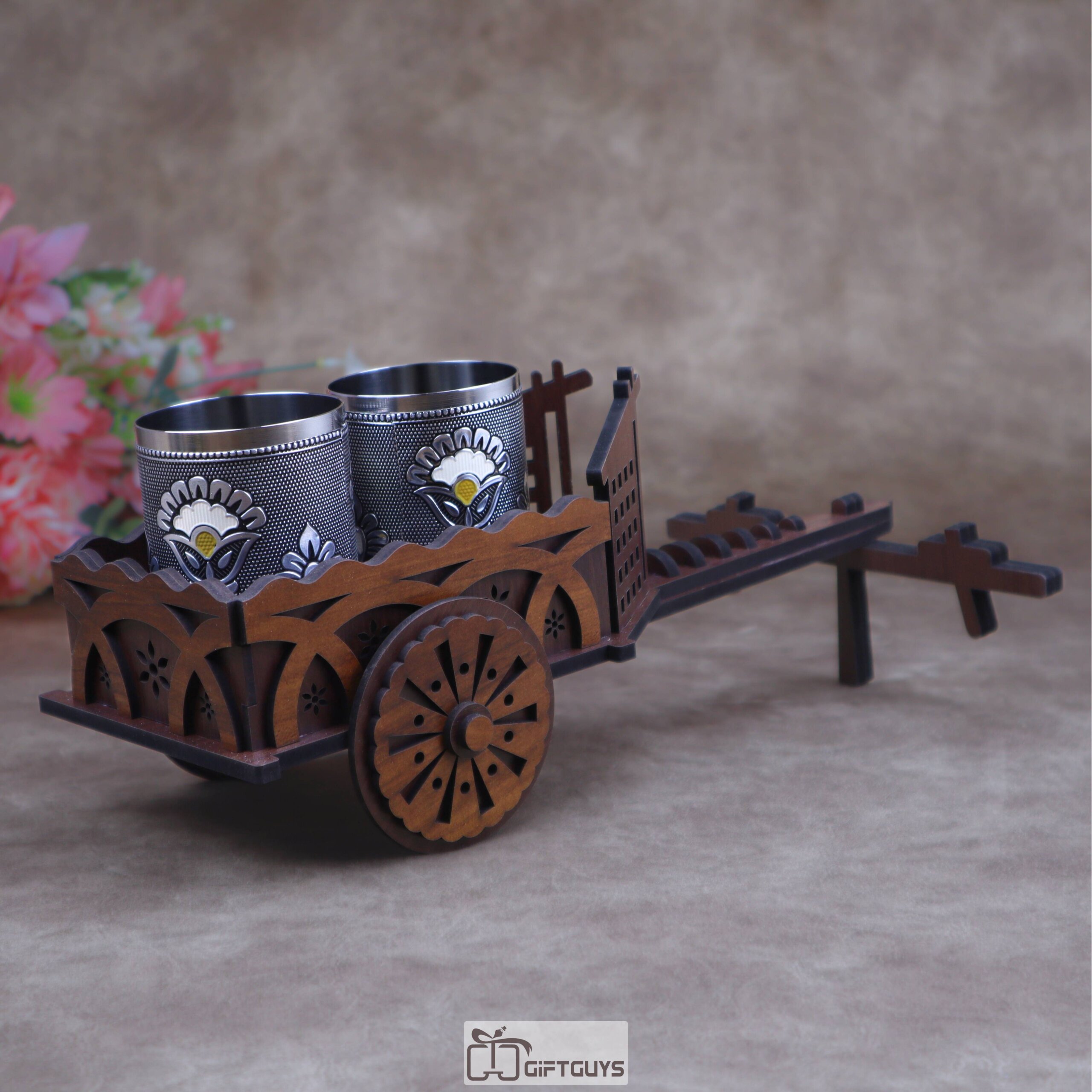 Mini Wooden Bullock Cart Serving Set with 2 Designer Stainless Steel Glass | Ethnic Barware Gift - Image 5
