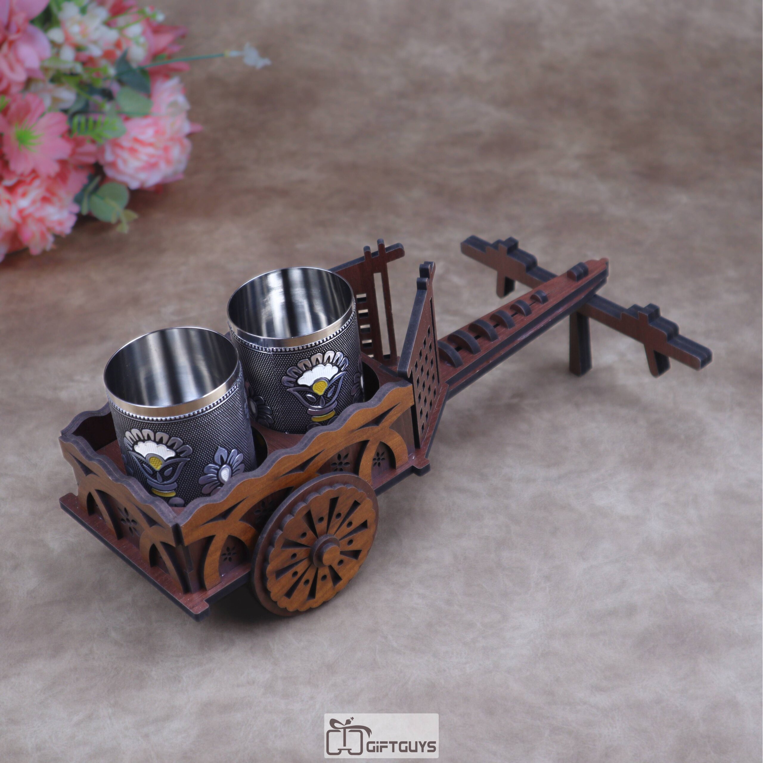 Mini Wooden Bullock Cart Serving Set with 2 Designer Stainless Steel Glass | Ethnic Barware Gift - Image 6