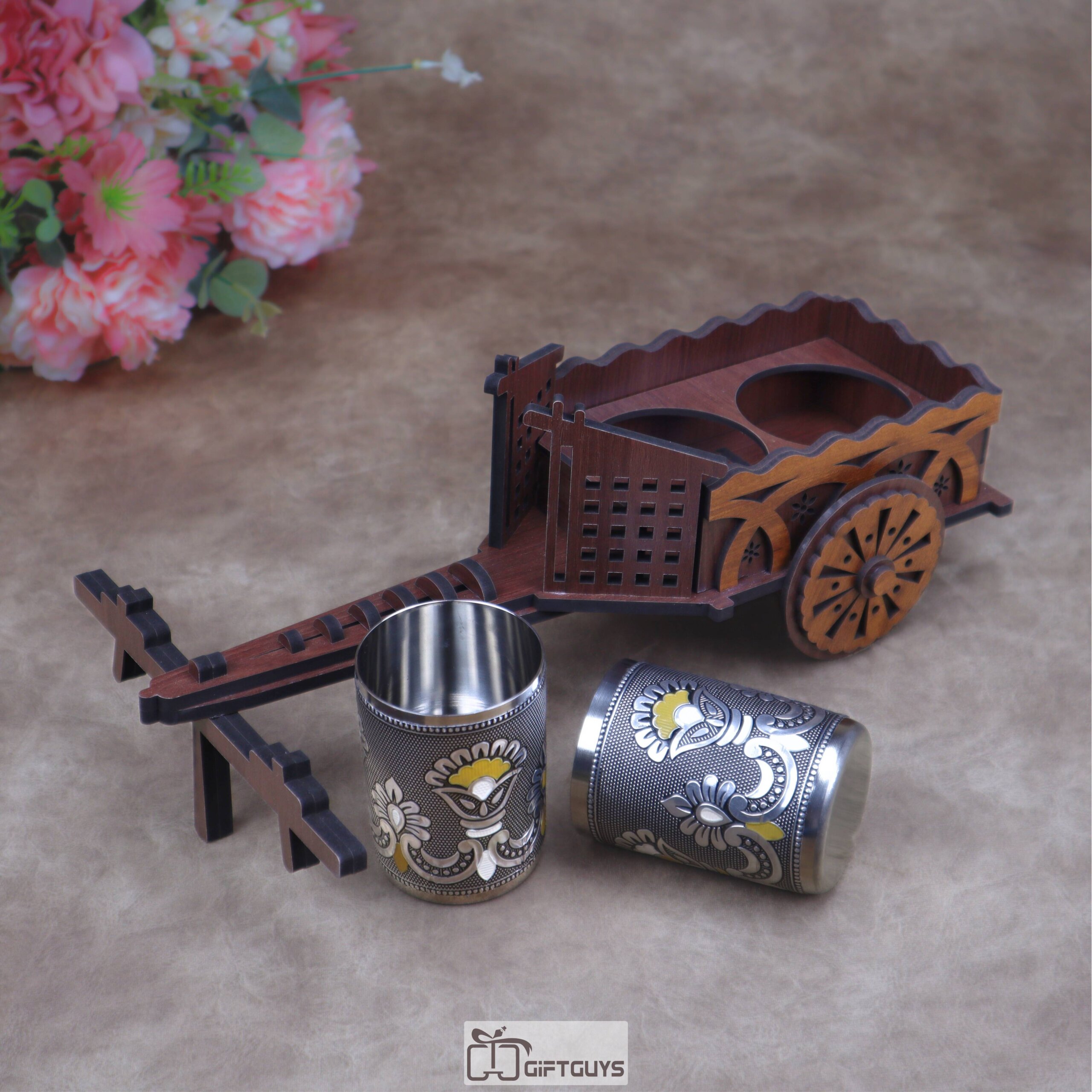 Mini Wooden Bullock Cart Serving Set with 2 Designer Stainless Steel Glass | Ethnic Barware Gift - Image 2