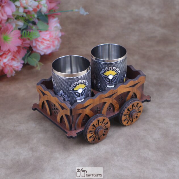Traditional Wooden Cart Bar Serving Set with Hand-Painted Meenakari Steel Glasses ( Set of 3 Glass )
