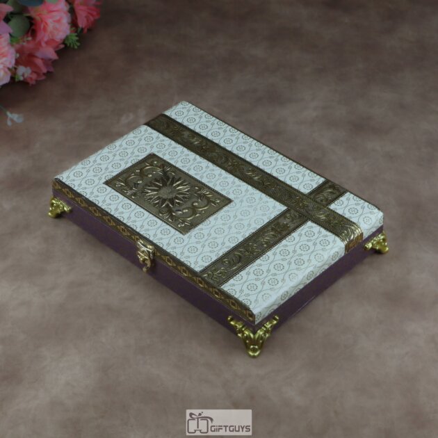 Premium 12x8" Wooden Dry Fruit Box - 6-Compartment Luxury Purple & Ivory Festive Gift Box with Decorative Gold Feet