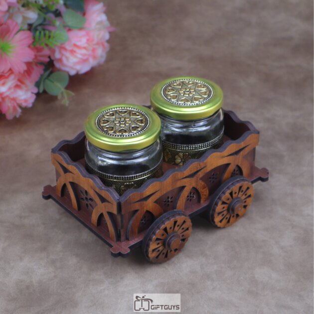 Traditional Wooden Cart Serving Tray With Oxidised Glass Jars for Dry Fruits & Condiments | Mid-Size Ethnic Gift