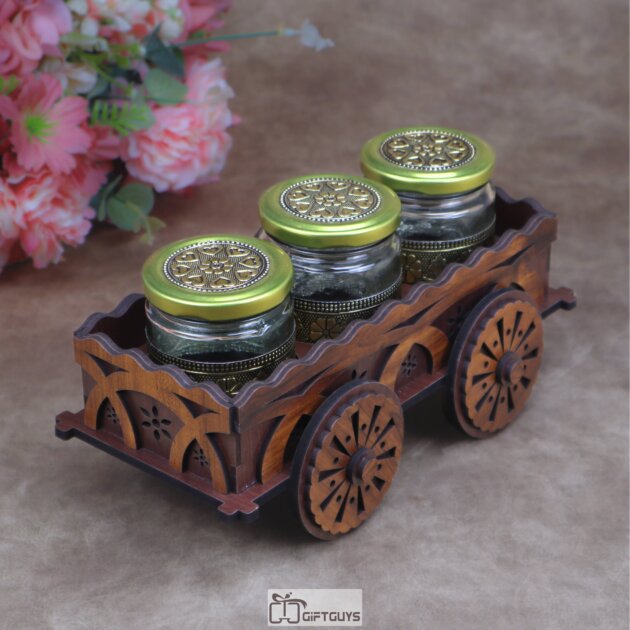 Traditional Wooden Cart Serving Tray With Oxidised Glass Jars for Dry Fruits & Condiments | Mid-Size Ethnic Gift ( Set Of 3 Jar )