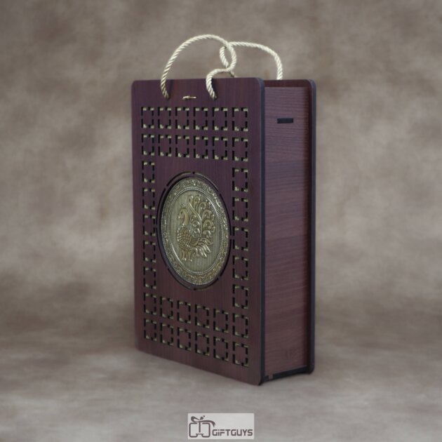 Premium Oxidized Finish Stainless Steel Water Bottle and 3-Glass Set in Handcrafted Laser-Cut MDF Gift Box - Traditional Peacock Edition