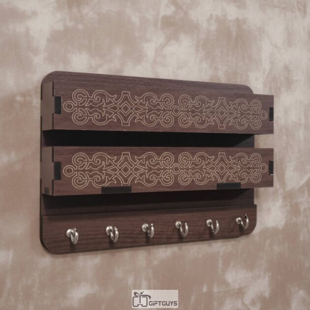 Premium Laser-Engraved Wooden MDF Key Holder with Wall Shelf – Decorative Geometric Wall Organizer